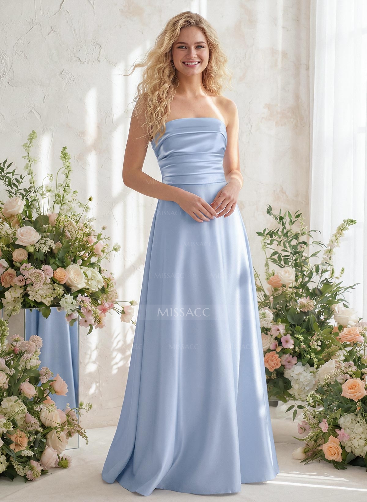 A-Line Strapless Sleeveless Floor-Length Satin Bridesmaid Dresses