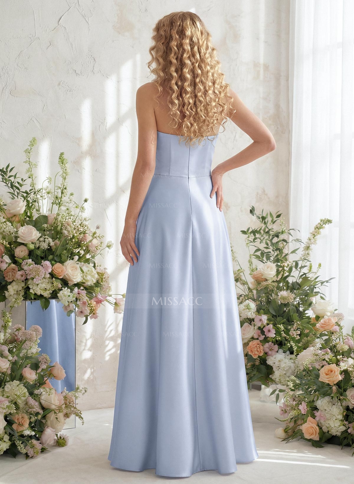 A-Line Strapless Sleeveless Floor-Length Satin Bridesmaid Dresses