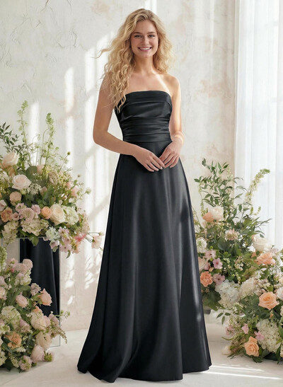 A-Line Strapless Sleeveless Floor-Length Satin Bridesmaid Dresses