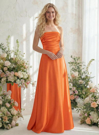 A-Line Strapless Sleeveless Floor-Length Satin Bridesmaid Dresses
