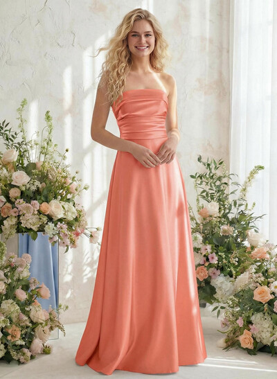 A-Line Strapless Sleeveless Floor-Length Satin Bridesmaid Dresses