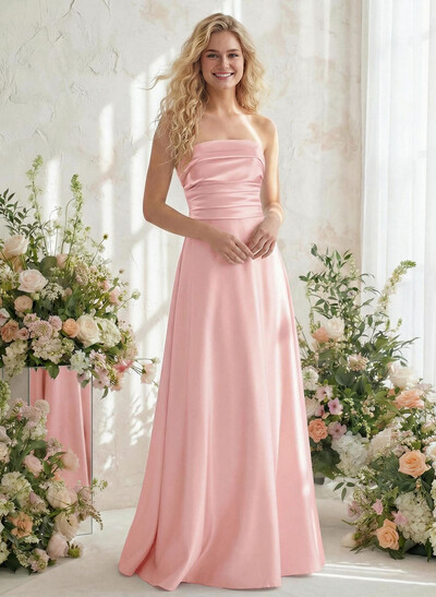 A-Line Strapless Sleeveless Floor-Length Satin Bridesmaid Dresses