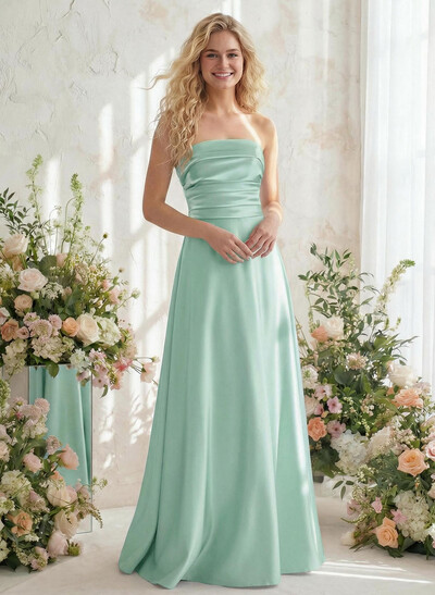 A-Line Strapless Sleeveless Floor-Length Satin Bridesmaid Dresses