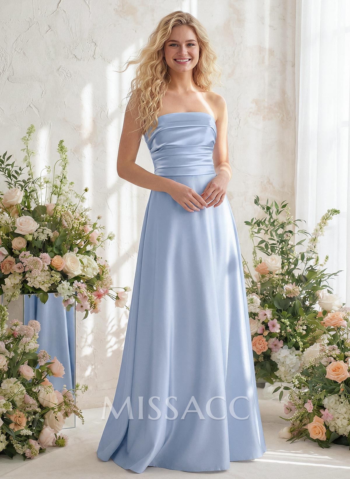 A-Line Strapless Sleeveless Floor-Length Satin Bridesmaid Dresses A-Line Strapless Sleeveless Floor-Length Satin Bridesmaid Dresses