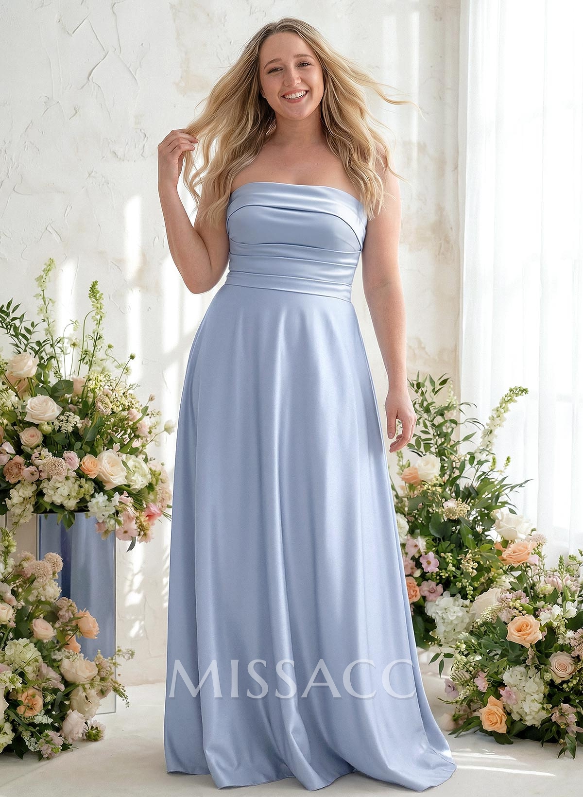 A-Line Strapless Sleeveless Floor-Length Satin Bridesmaid Dresses A-Line Strapless Sleeveless Floor-Length Satin Bridesmaid Dresses