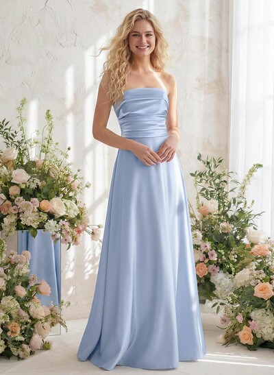A-Line Strapless Sleeveless Floor-Length Satin Bridesmaid Dresses