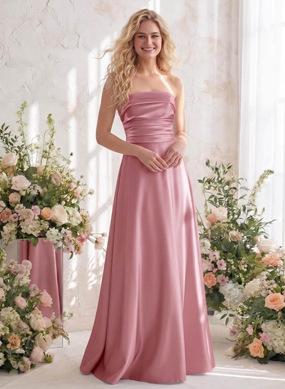 A-Line Strapless Sleeveless Floor-Length Satin Bridesmaid Dresses