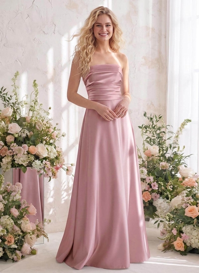 A-Line Strapless Sleeveless Floor-Length Satin Bridesmaid Dresses