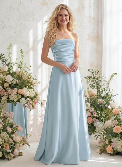 A-Line Strapless Sleeveless Floor-Length Satin Bridesmaid Dresses