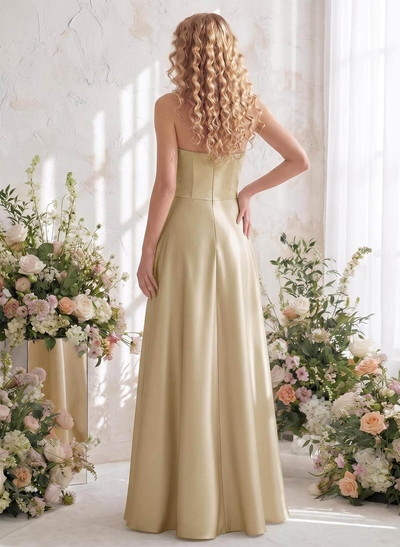 A-Line Strapless Sleeveless Floor-Length Satin Bridesmaid Dresses