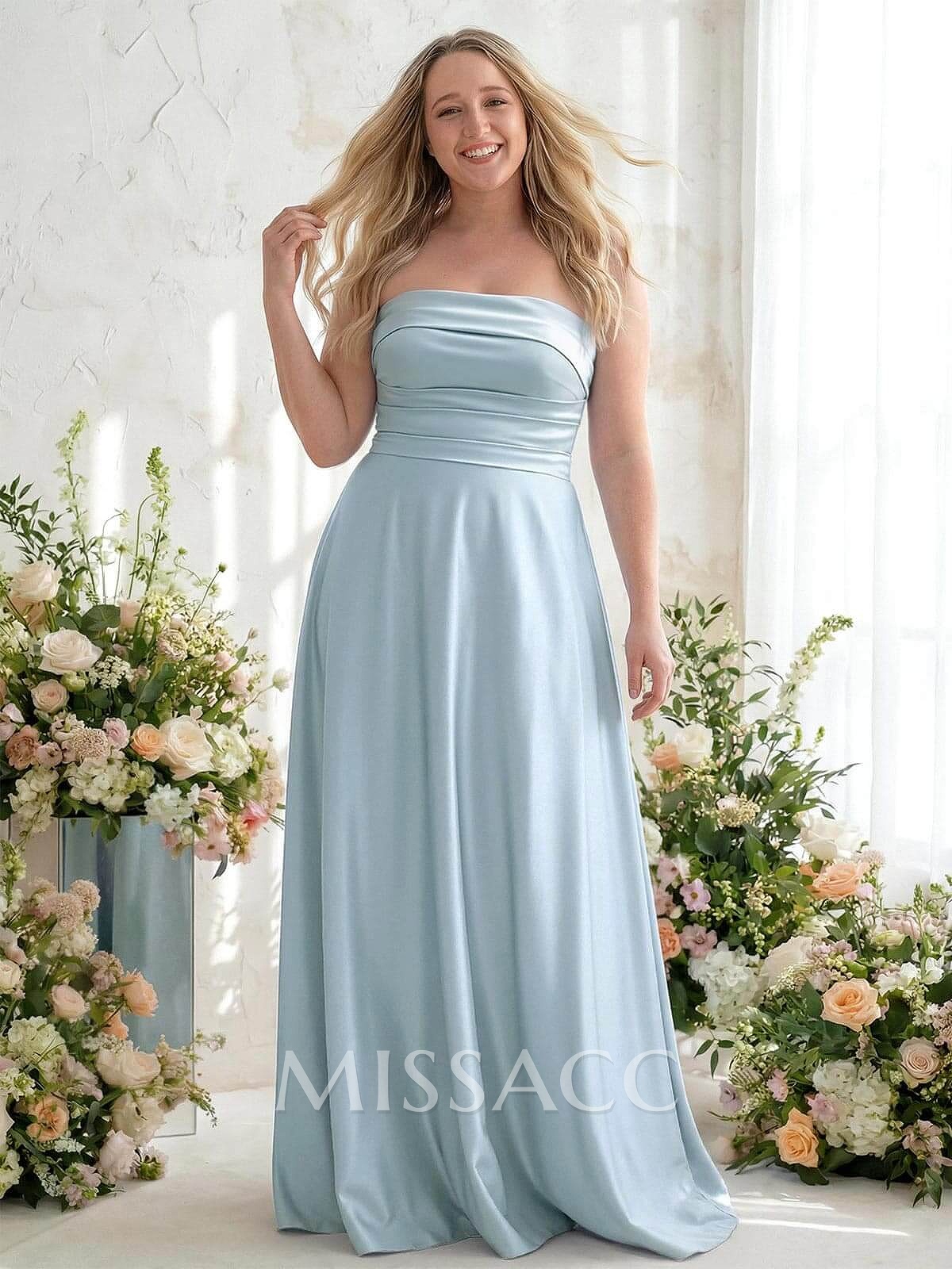 A-Line Strapless Sleeveless Floor-Length Satin Bridesmaid Dresses