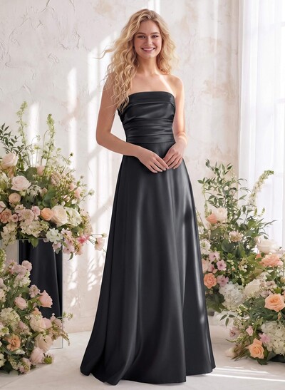 A-Line Strapless Sleeveless Floor-Length Satin Bridesmaid Dresses