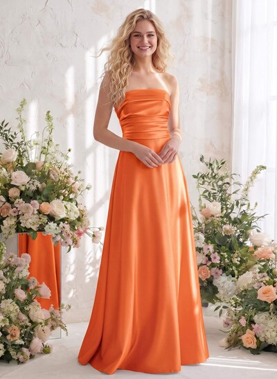 A-Line Strapless Sleeveless Floor-Length Satin Bridesmaid Dresses