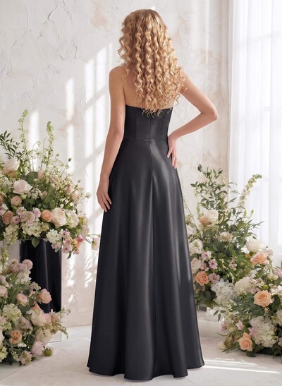 A-Line Strapless Sleeveless Floor-Length Satin Bridesmaid Dresses