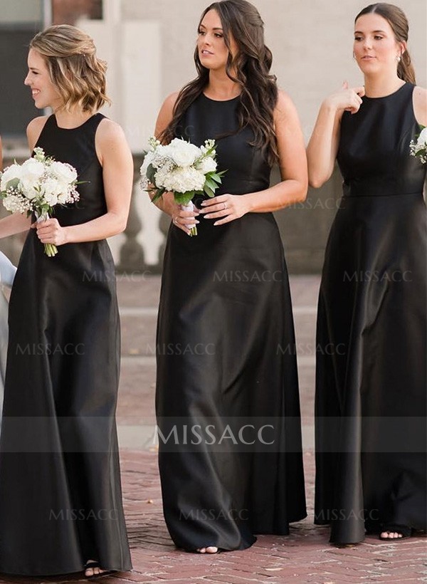 A-Line Scoop Neck Satin Bridesmaid Dresses With Back Hole