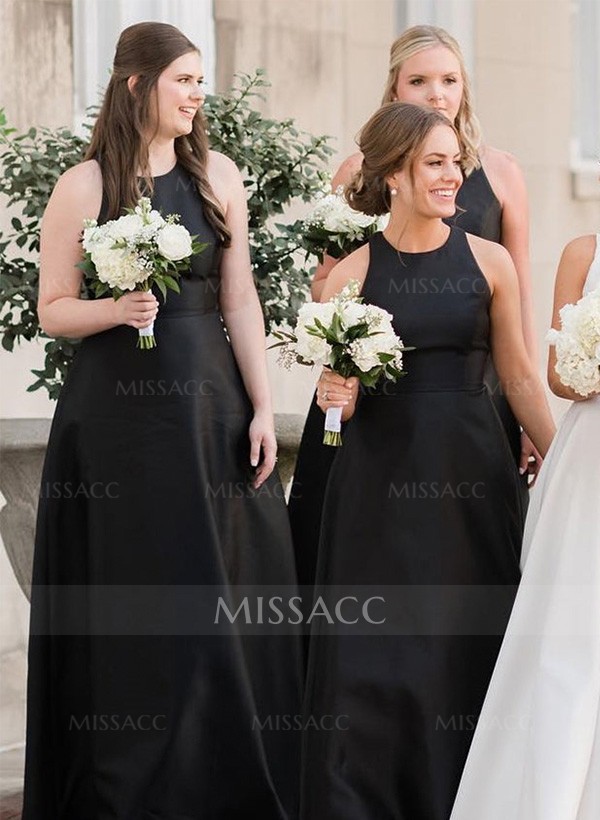 A-Line Scoop Neck Satin Bridesmaid Dresses With Back Hole