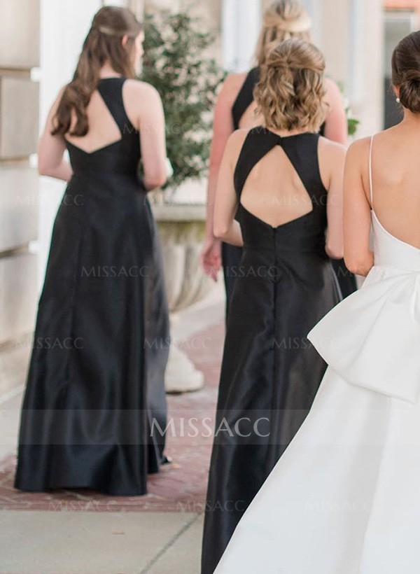 A-Line Scoop Neck Satin Bridesmaid Dresses With Back Hole