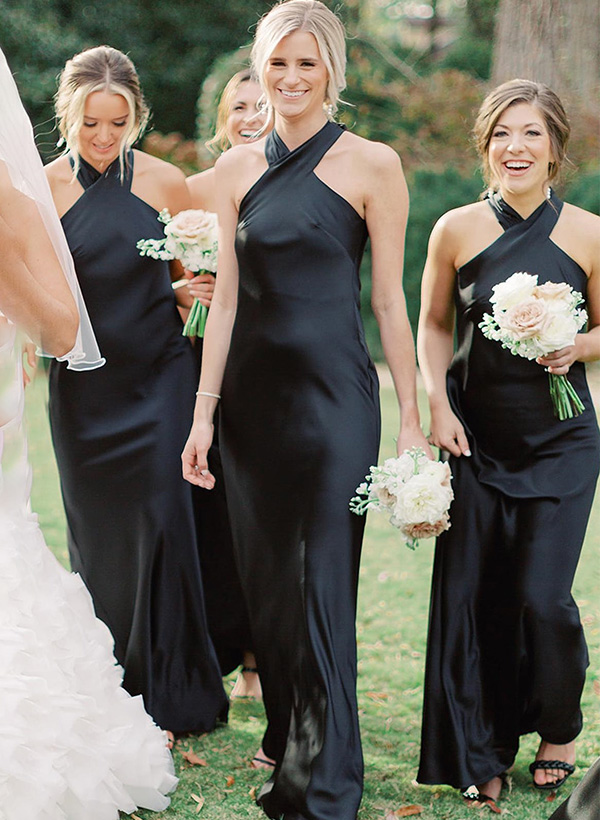 Sheath/Column Halter Sleeveless Silk Like Satin Bridesmaid Dresses