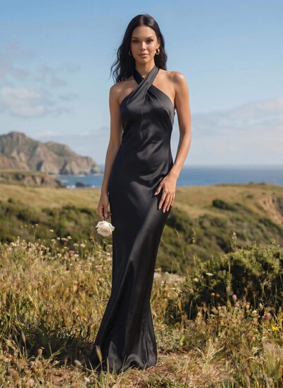 Sheath/Column Halter Sleeveless Silk Like Satin Bridesmaid Dresses