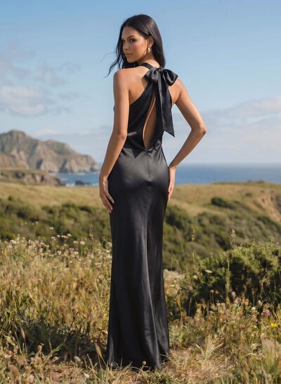 Sheath/Column Halter Sleeveless Silk Like Satin Bridesmaid Dresses