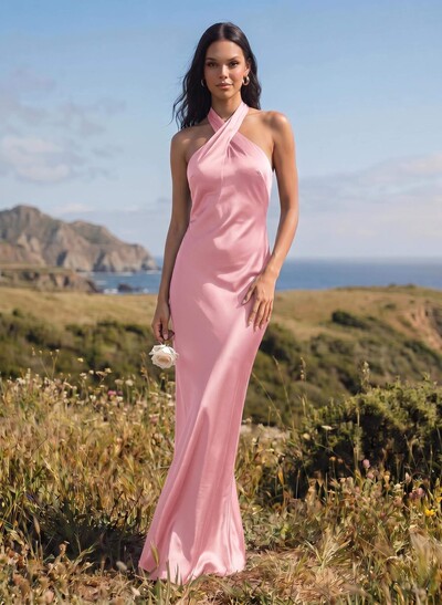 Sheath/Column Halter Sleeveless Silk Like Satin Bridesmaid Dresses