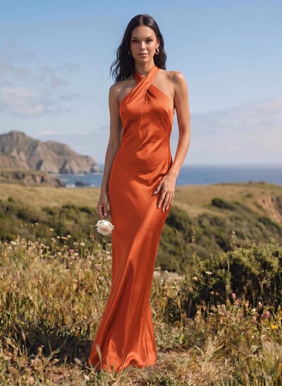 Sheath/Column Halter Sleeveless Silk Like Satin Bridesmaid Dresses