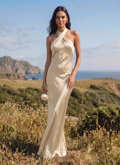 Sheath/Column Halter Sleeveless Silk Like Satin Bridesmaid Dresses