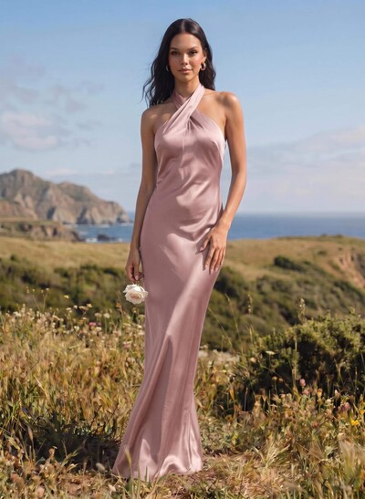 Sheath/Column Halter Sleeveless Silk Like Satin Bridesmaid Dresses