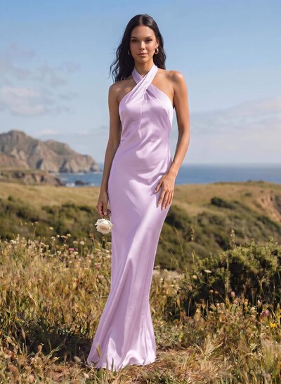 Column Halterneck Sleeveless Silky Satin Bridesmaid Dresses