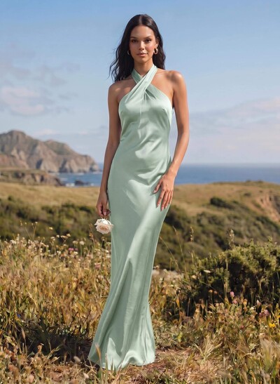 Sheath/Column Halter Sleeveless Silk Like Satin Bridesmaid Dresses
