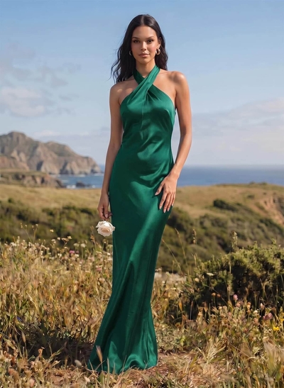 Sheath/Column Halter Sleeveless Silk Like Satin Bridesmaid Dresses