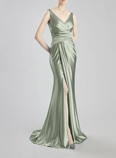 Trumpet/Mermaid V-Neck Silk Like Satin Bridesmaid Dresses With High Split