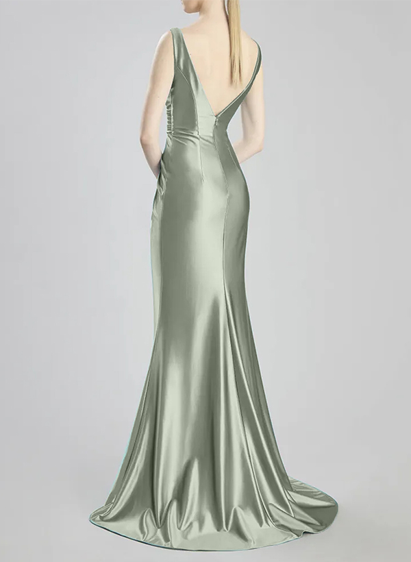 Trumpet/Mermaid V-Neck Silk Like Satin Bridesmaid Dresses With High Split