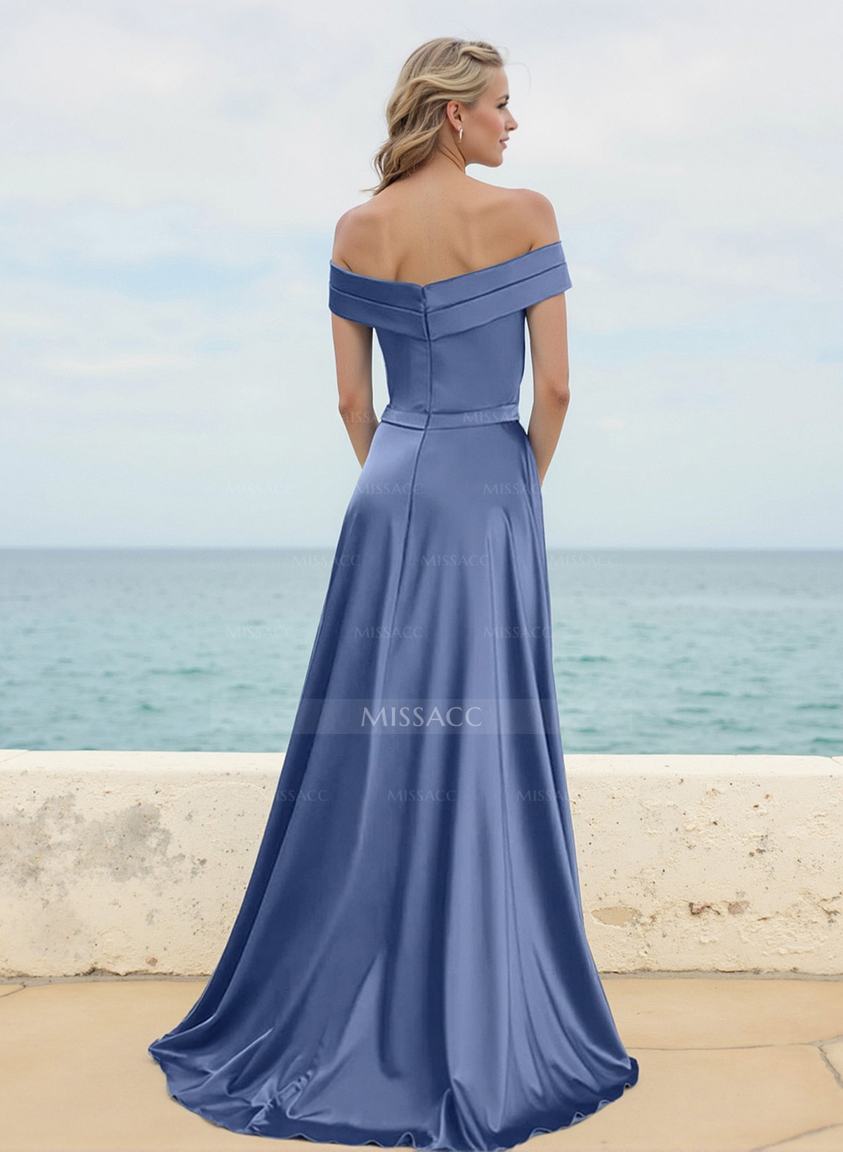 A-Line Off-The-Shoulder Sleeveless Sweep Train Silk Like Satin Bridesmaid Dresses