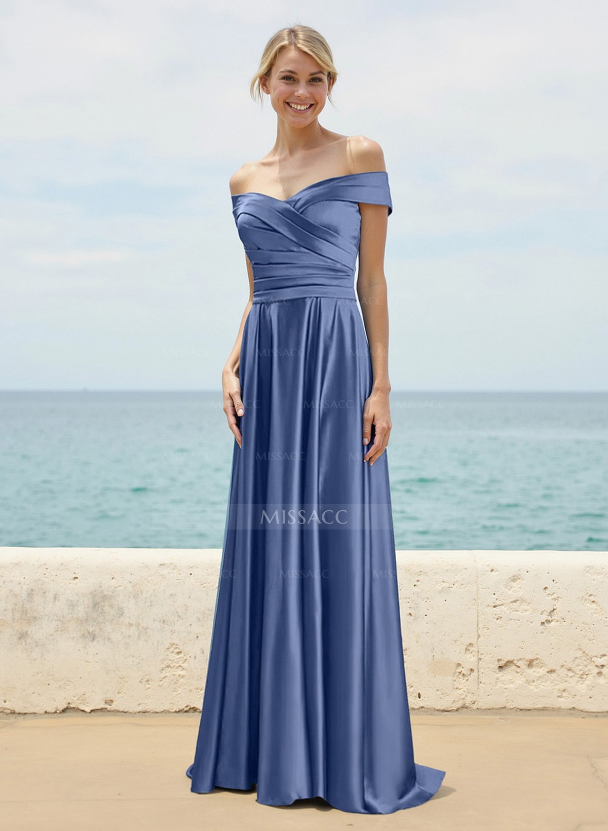 A-Line Off-The-Shoulder Sleeveless Sweep Train Silk Like Satin Bridesmaid Dresses