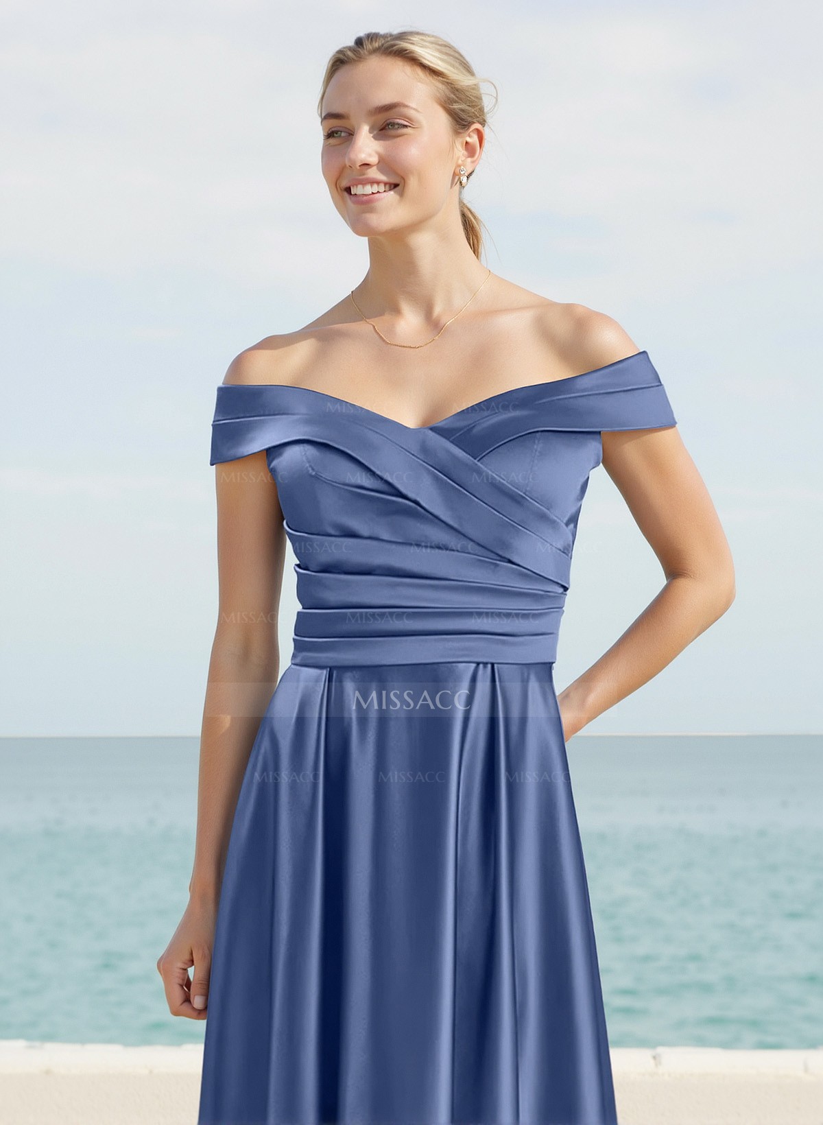 A-Line Off-The-Shoulder Sleeveless Sweep Train Silk Like Satin Bridesmaid Dresses