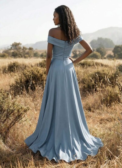 A-Line Off-The-Shoulder Sleeveless Sweep Train Crepe Satin Bridesmaid Dresses