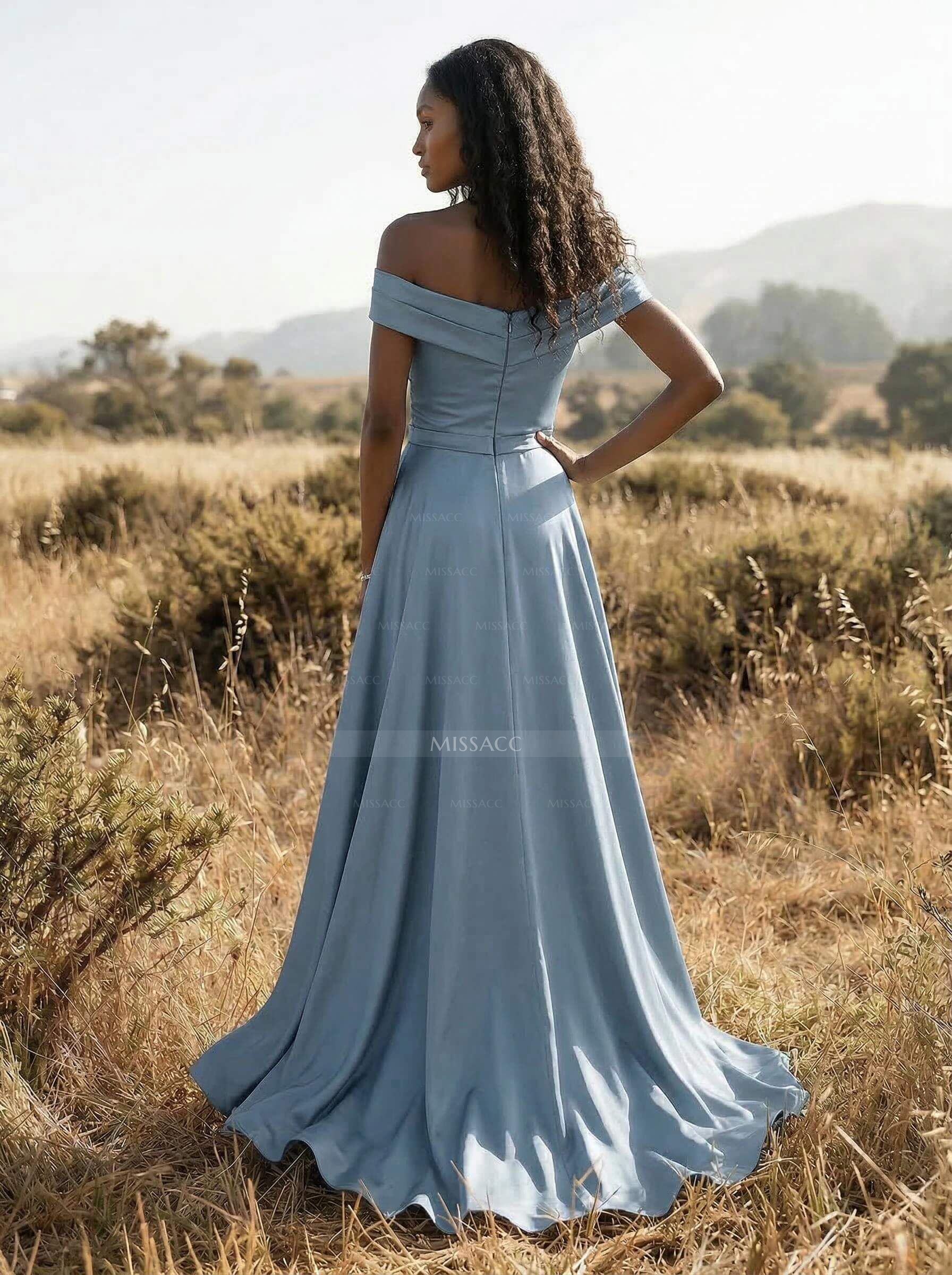 A-Line Off-The-Shoulder Sleeveless Sweep Train Crepe Satin Bridesmaid Dresses