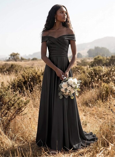 A-Line Off-The-Shoulder Sleeveless Sweep Train Crepe Satin Bridesmaid Dresses