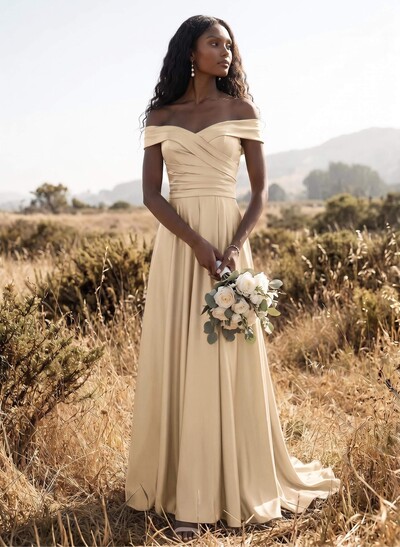 A-Line Off-The-Shoulder Sleeveless Sweep Train Crepe Satin Bridesmaid Dresses