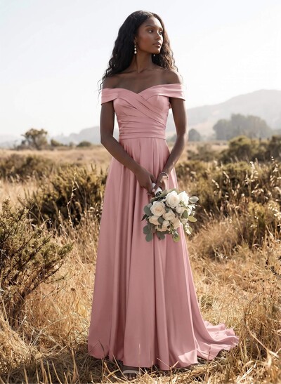 A-Line Off-The-Shoulder Sleeveless Sweep Train Crepe Satin Bridesmaid Dresses