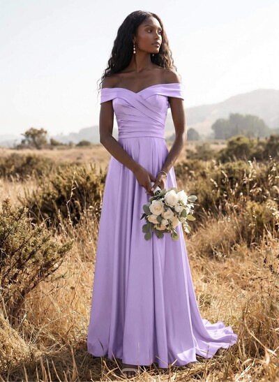 A-Line Off-The-Shoulder Sleeveless Sweep Train Crepe Satin Bridesmaid Dresses