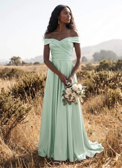 A-Line Off-The-Shoulder Sleeveless Sweep Train Crepe Satin Bridesmaid Dresses