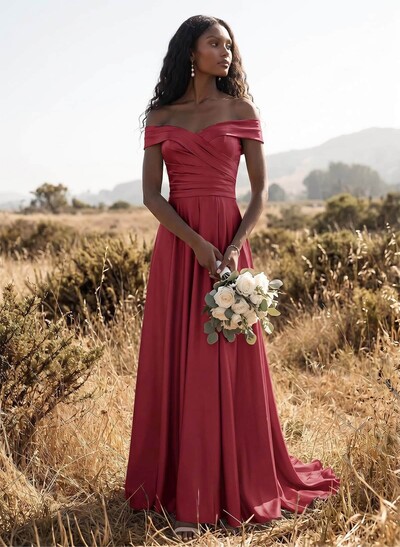 A-Line Off-The-Shoulder Sleeveless Sweep Train Crepe Satin Bridesmaid Dresses