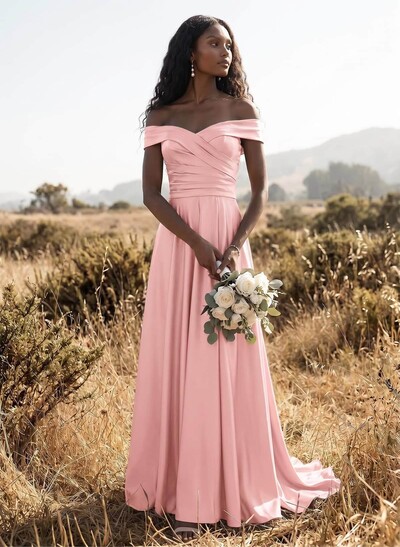 A-Line Off-The-Shoulder Sleeveless Sweep Train Crepe Satin Bridesmaid Dresses
