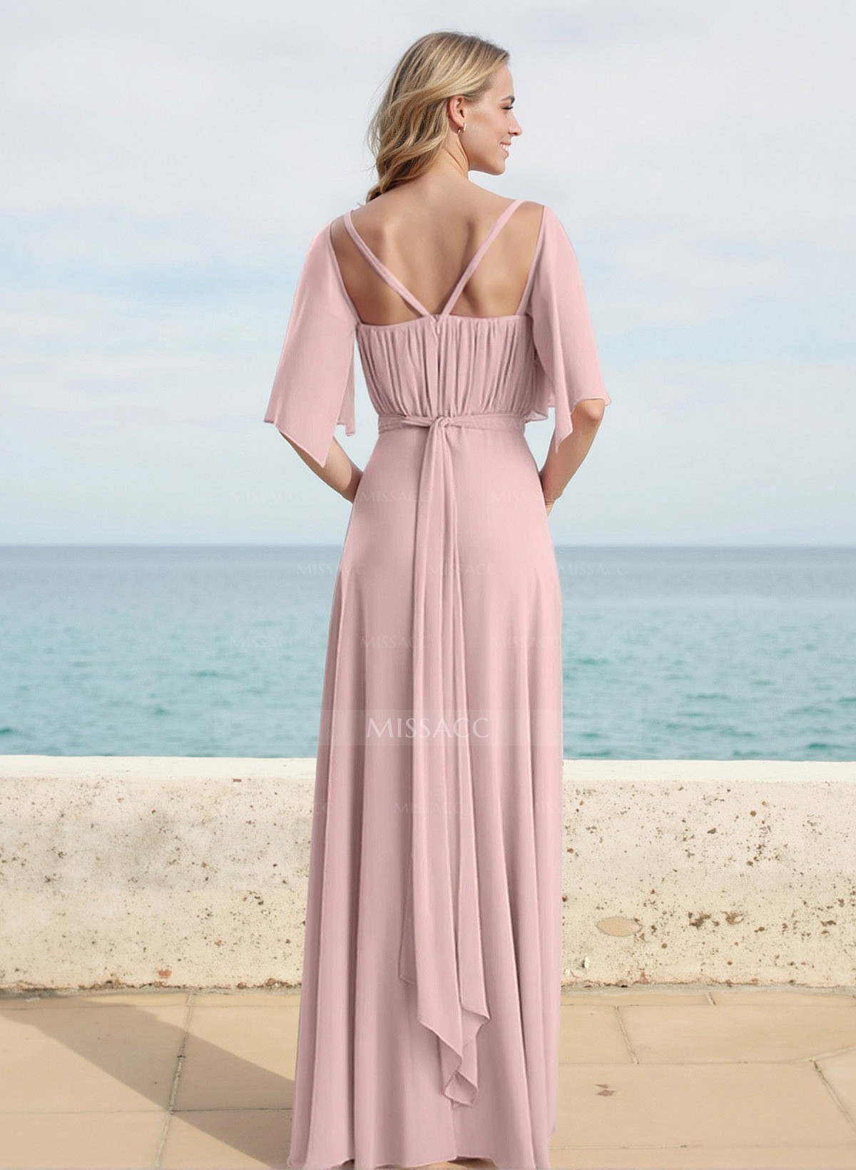 A-Line V-Neck 1/2 Sleeves Floor-Length Chiffon Bridesmaid Dresses