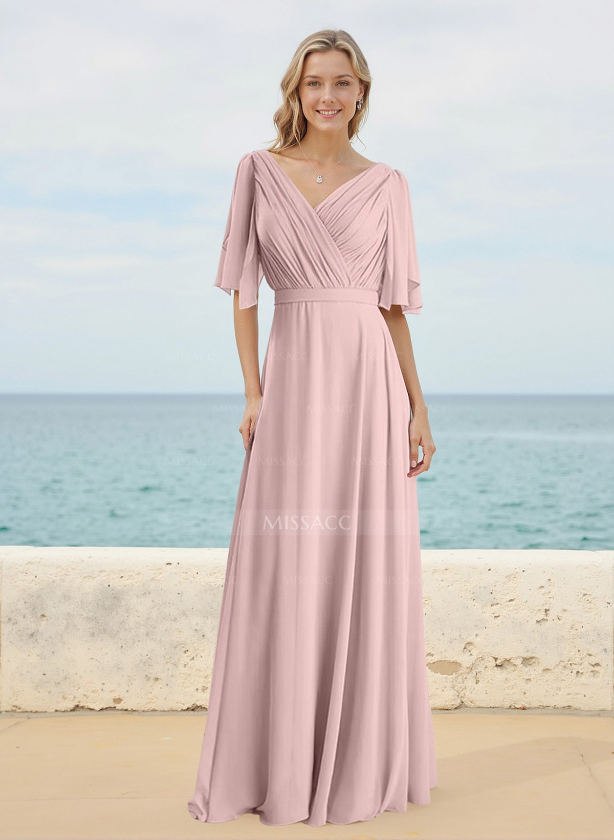 A-Line V-Neck 1/2 Sleeves Floor-Length Chiffon Bridesmaid Dresses