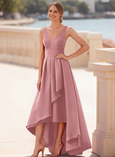 A-Line V-Neck Sleeveless Floor-Length Satin Bridesmaid Dresses