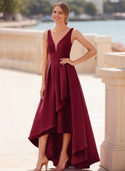 A-Line V-Neck Sleeveless Floor-Length Satin Bridesmaid Dresses