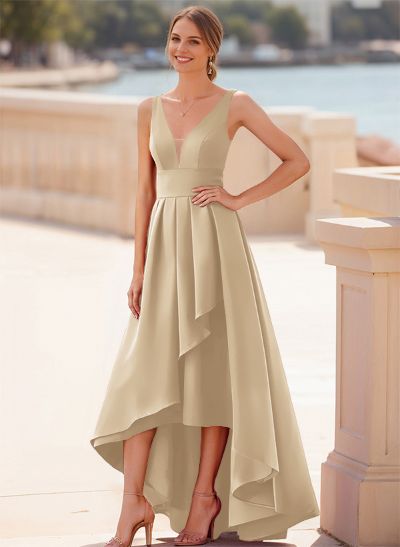 A-Line V-Neck Sleeveless Floor-Length Satin Bridesmaid Dresses